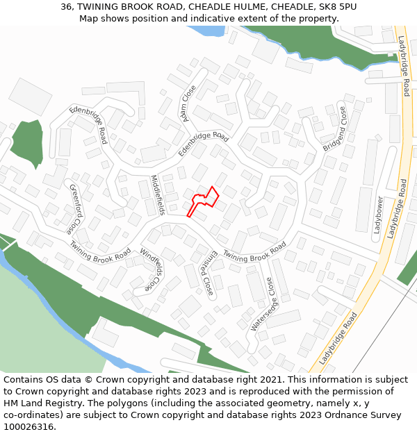 36, TWINING BROOK ROAD, CHEADLE HULME, CHEADLE, SK8 5PU: Location map and indicative extent of plot