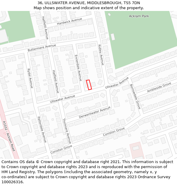 36, ULLSWATER AVENUE, MIDDLESBROUGH, TS5 7DN: Location map and indicative extent of plot