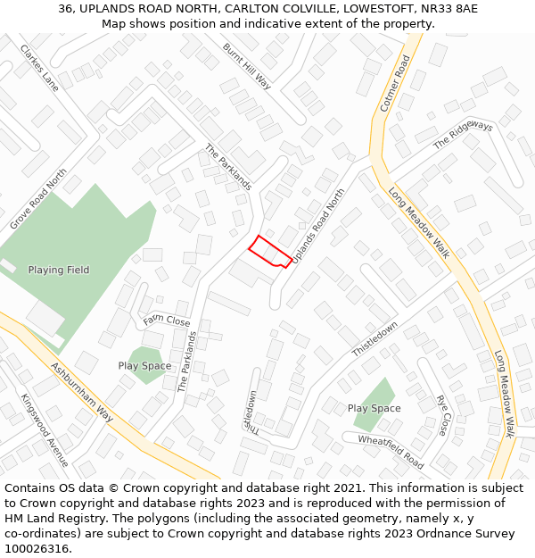 36, UPLANDS ROAD NORTH, CARLTON COLVILLE, LOWESTOFT, NR33 8AE: Location map and indicative extent of plot