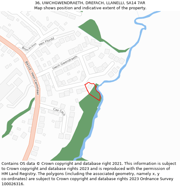 36, UWCHGWENDRAETH, DREFACH, LLANELLI, SA14 7AR: Location map and indicative extent of plot