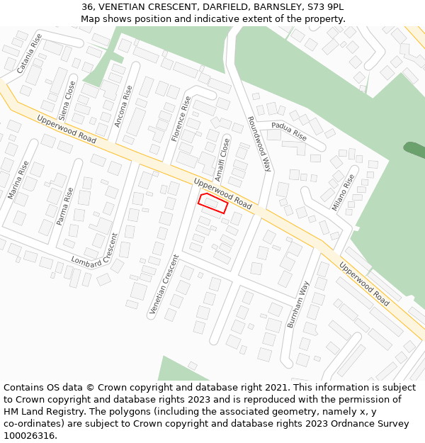 36, VENETIAN CRESCENT, DARFIELD, BARNSLEY, S73 9PL: Location map and indicative extent of plot