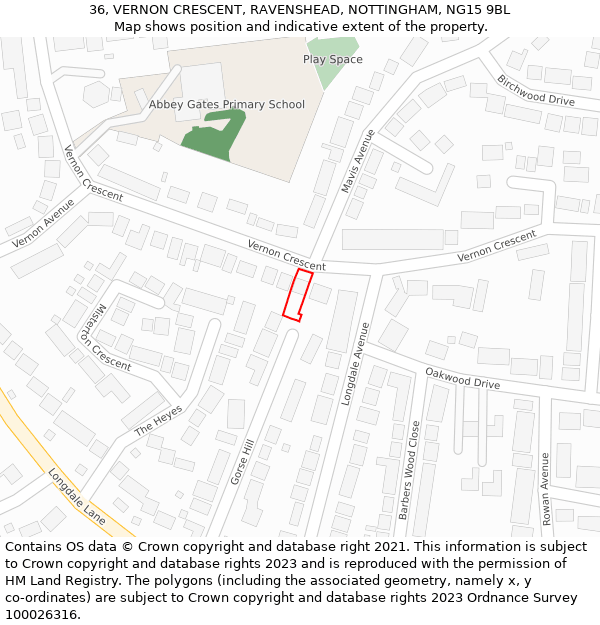 36, VERNON CRESCENT, RAVENSHEAD, NOTTINGHAM, NG15 9BL: Location map and indicative extent of plot