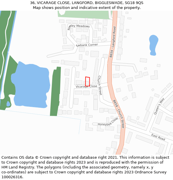 36, VICARAGE CLOSE, LANGFORD, BIGGLESWADE, SG18 9QS: Location map and indicative extent of plot