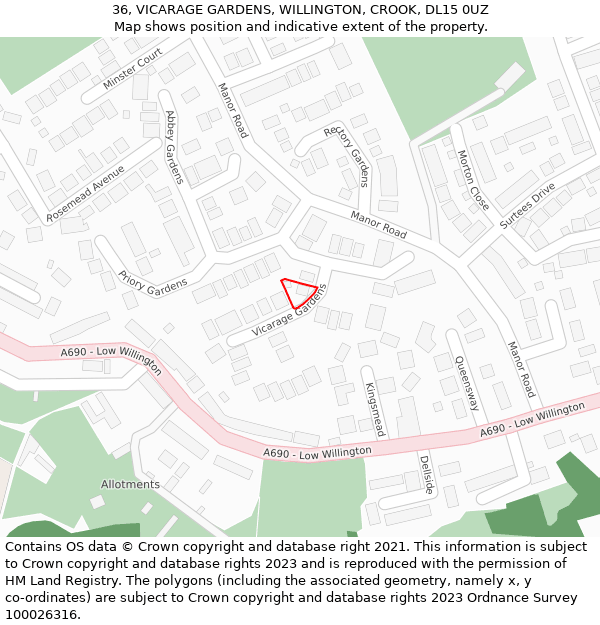 36, VICARAGE GARDENS, WILLINGTON, CROOK, DL15 0UZ: Location map and indicative extent of plot