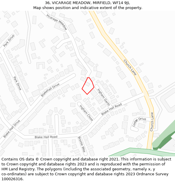 36, VICARAGE MEADOW, MIRFIELD, WF14 9JL: Location map and indicative extent of plot