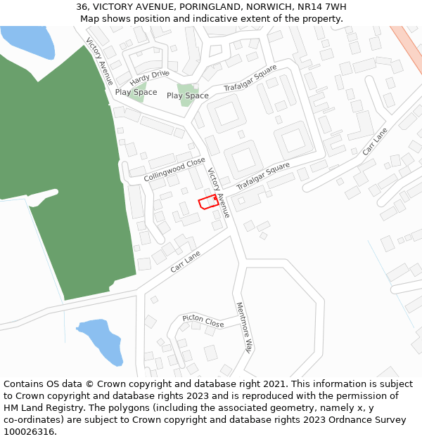 36, VICTORY AVENUE, PORINGLAND, NORWICH, NR14 7WH: Location map and indicative extent of plot