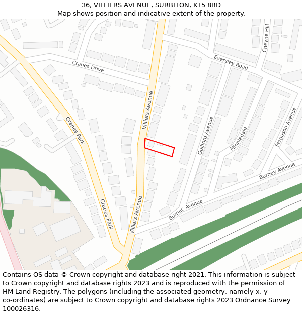 36, VILLIERS AVENUE, SURBITON, KT5 8BD: Location map and indicative extent of plot