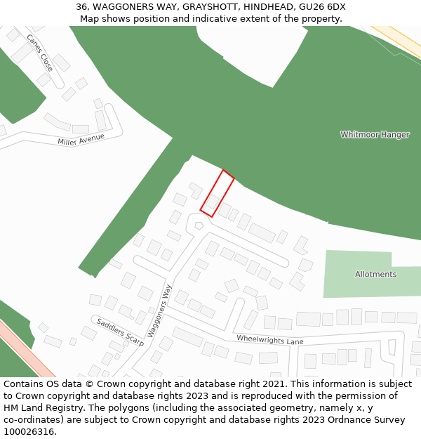 36, WAGGONERS WAY, GRAYSHOTT, HINDHEAD, GU26 6DX: Location map and indicative extent of plot