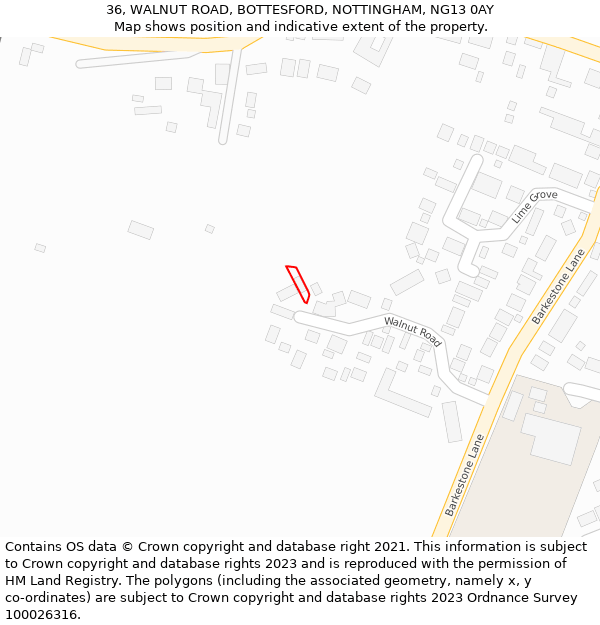 36, WALNUT ROAD, BOTTESFORD, NOTTINGHAM, NG13 0AY: Location map and indicative extent of plot