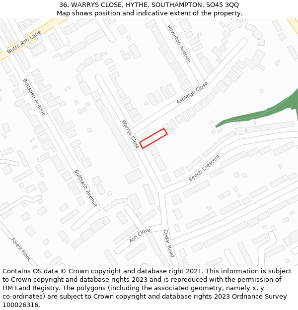 36, WARRYS CLOSE, HYTHE, SOUTHAMPTON, SO45 3QQ: Location map and indicative extent of plot