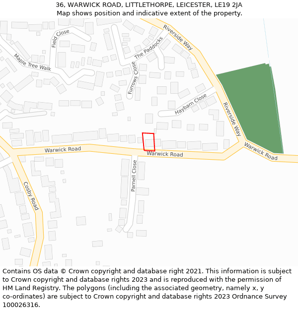 36, WARWICK ROAD, LITTLETHORPE, LEICESTER, LE19 2JA: Location map and indicative extent of plot