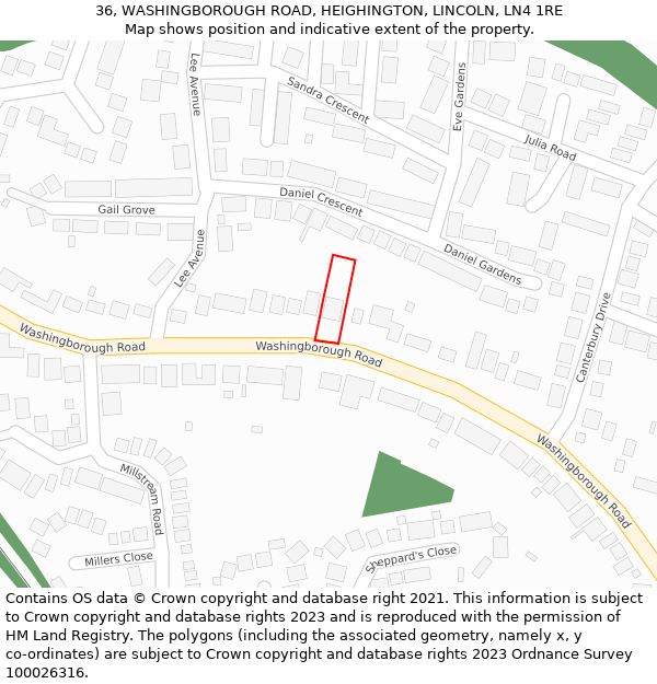 36, WASHINGBOROUGH ROAD, HEIGHINGTON, LINCOLN, LN4 1RE: Location map and indicative extent of plot