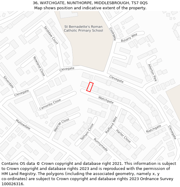 36, WATCHGATE, NUNTHORPE, MIDDLESBROUGH, TS7 0QS: Location map and indicative extent of plot