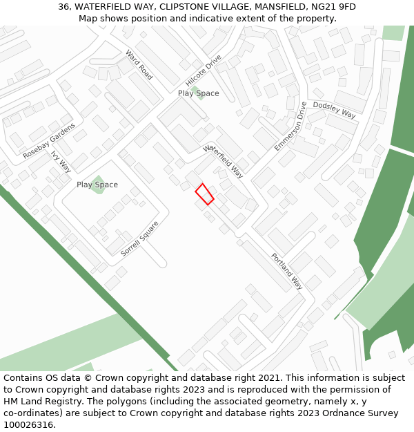 36, WATERFIELD WAY, CLIPSTONE VILLAGE, MANSFIELD, NG21 9FD: Location map and indicative extent of plot