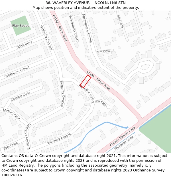 36, WAVERLEY AVENUE, LINCOLN, LN6 8TN: Location map and indicative extent of plot