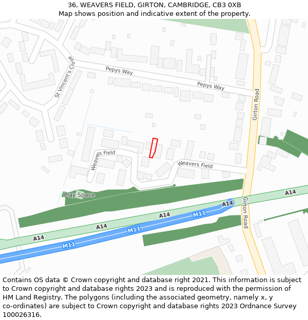 36, WEAVERS FIELD, GIRTON, CAMBRIDGE, CB3 0XB: Location map and indicative extent of plot