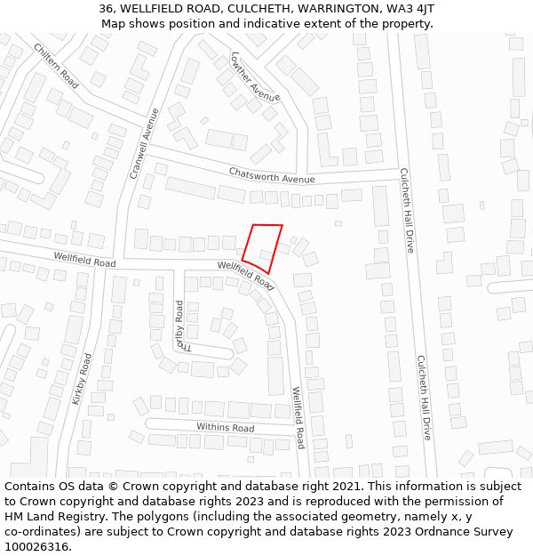 36, WELLFIELD ROAD, CULCHETH, WARRINGTON, WA3 4JT: Location map and indicative extent of plot