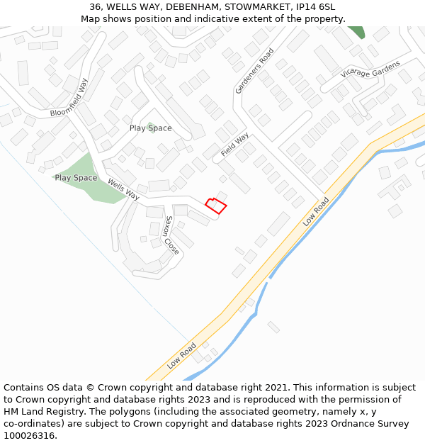 36, WELLS WAY, DEBENHAM, STOWMARKET, IP14 6SL: Location map and indicative extent of plot