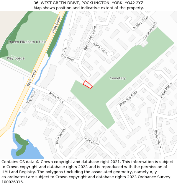 36, WEST GREEN DRIVE, POCKLINGTON, YORK, YO42 2YZ: Location map and indicative extent of plot