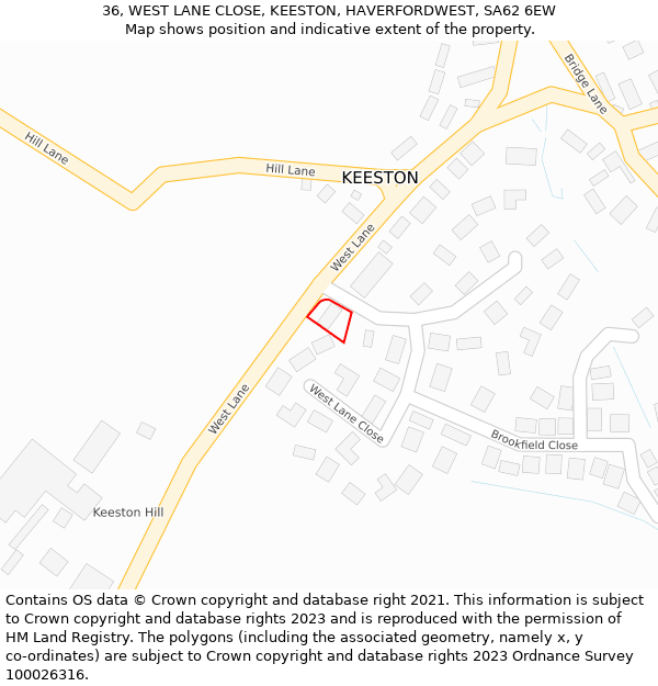 36, WEST LANE CLOSE, KEESTON, HAVERFORDWEST, SA62 6EW: Location map and indicative extent of plot