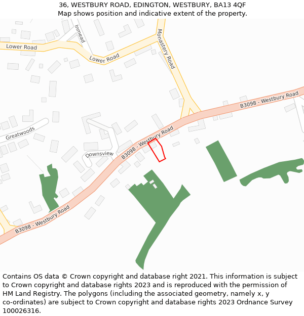 36, WESTBURY ROAD, EDINGTON, WESTBURY, BA13 4QF: Location map and indicative extent of plot