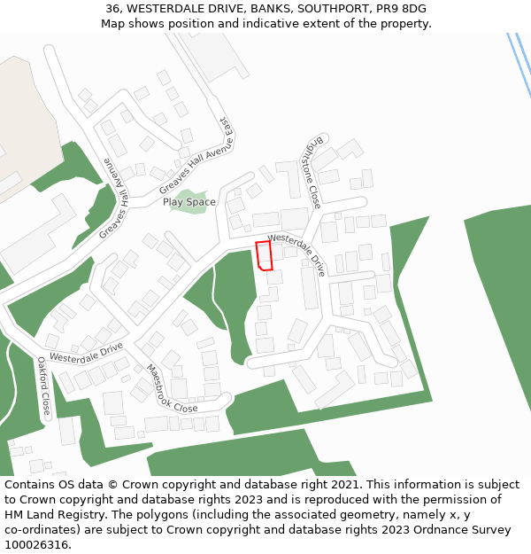 36, WESTERDALE DRIVE, BANKS, SOUTHPORT, PR9 8DG: Location map and indicative extent of plot