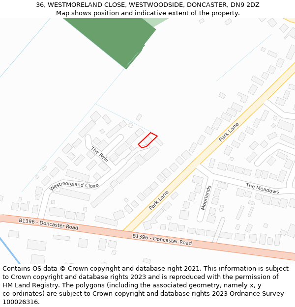 36, WESTMORELAND CLOSE, WESTWOODSIDE, DONCASTER, DN9 2DZ: Location map and indicative extent of plot