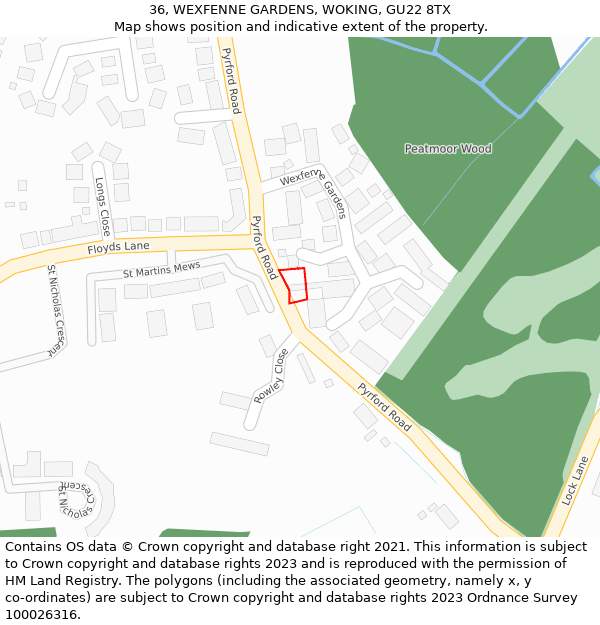 36, WEXFENNE GARDENS, WOKING, GU22 8TX: Location map and indicative extent of plot