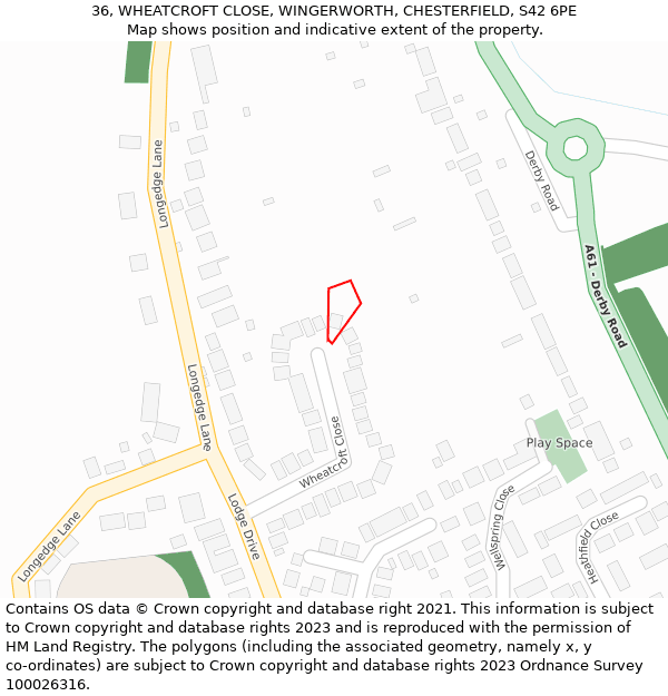 36, WHEATCROFT CLOSE, WINGERWORTH, CHESTERFIELD, S42 6PE: Location map and indicative extent of plot