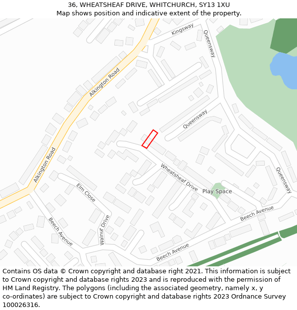 36, WHEATSHEAF DRIVE, WHITCHURCH, SY13 1XU: Location map and indicative extent of plot