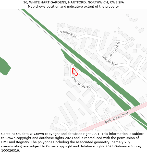 36, WHITE HART GARDENS, HARTFORD, NORTHWICH, CW8 2FA: Location map and indicative extent of plot