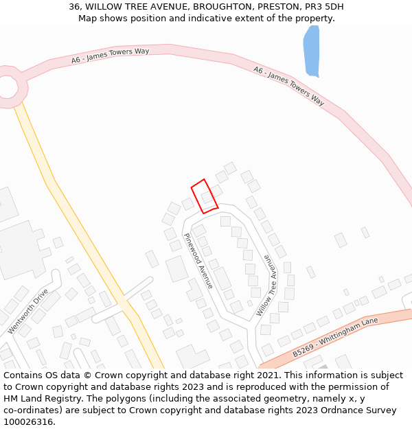 36, WILLOW TREE AVENUE, BROUGHTON, PRESTON, PR3 5DH: Location map and indicative extent of plot