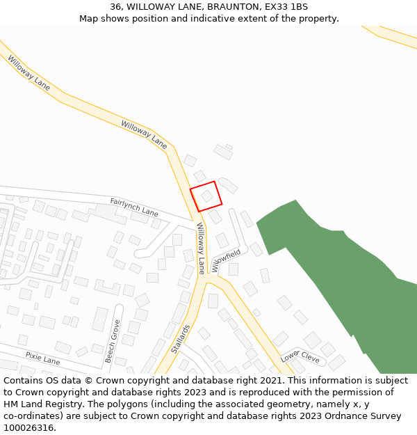 36, WILLOWAY LANE, BRAUNTON, EX33 1BS: Location map and indicative extent of plot