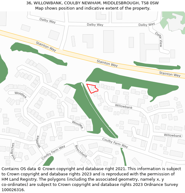 36, WILLOWBANK, COULBY NEWHAM, MIDDLESBROUGH, TS8 0SW: Location map and indicative extent of plot