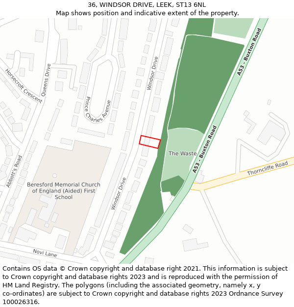 36, WINDSOR DRIVE, LEEK, ST13 6NL: Location map and indicative extent of plot