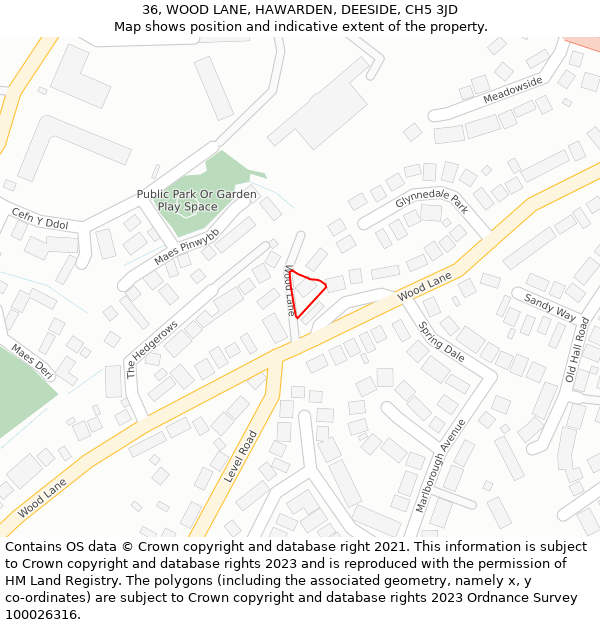 36, WOOD LANE, HAWARDEN, DEESIDE, CH5 3JD: Location map and indicative extent of plot