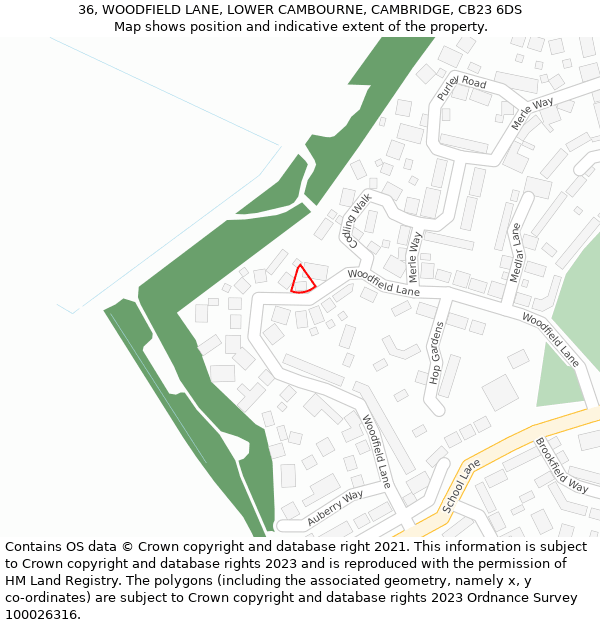 36, WOODFIELD LANE, LOWER CAMBOURNE, CAMBRIDGE, CB23 6DS: Location map and indicative extent of plot