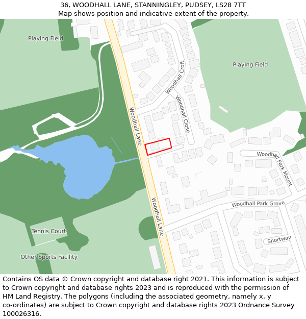 36, WOODHALL LANE, STANNINGLEY, PUDSEY, LS28 7TT: Location map and indicative extent of plot