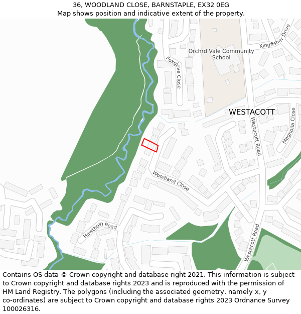36, WOODLAND CLOSE, BARNSTAPLE, EX32 0EG: Location map and indicative extent of plot