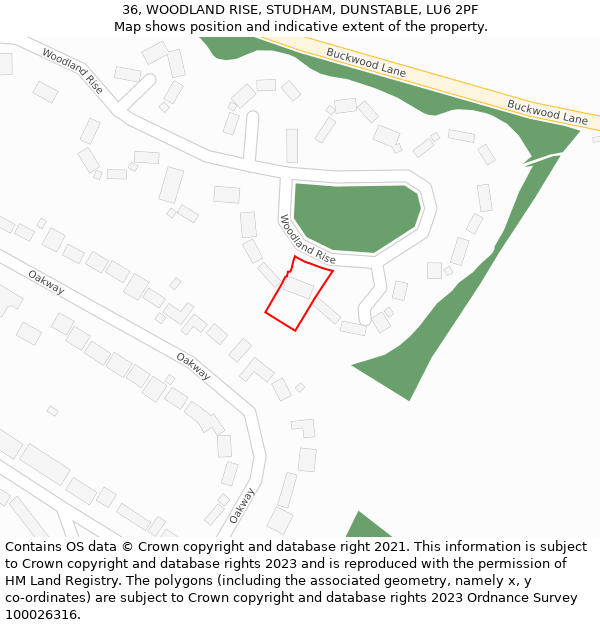 36, WOODLAND RISE, STUDHAM, DUNSTABLE, LU6 2PF: Location map and indicative extent of plot