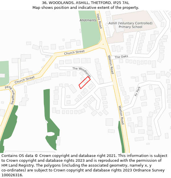 36, WOODLANDS, ASHILL, THETFORD, IP25 7AL: Location map and indicative extent of plot