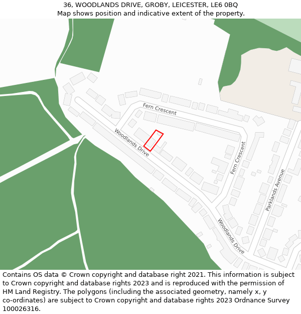 36, WOODLANDS DRIVE, GROBY, LEICESTER, LE6 0BQ: Location map and indicative extent of plot