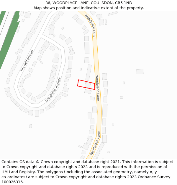 36, WOODPLACE LANE, COULSDON, CR5 1NB: Location map and indicative extent of plot