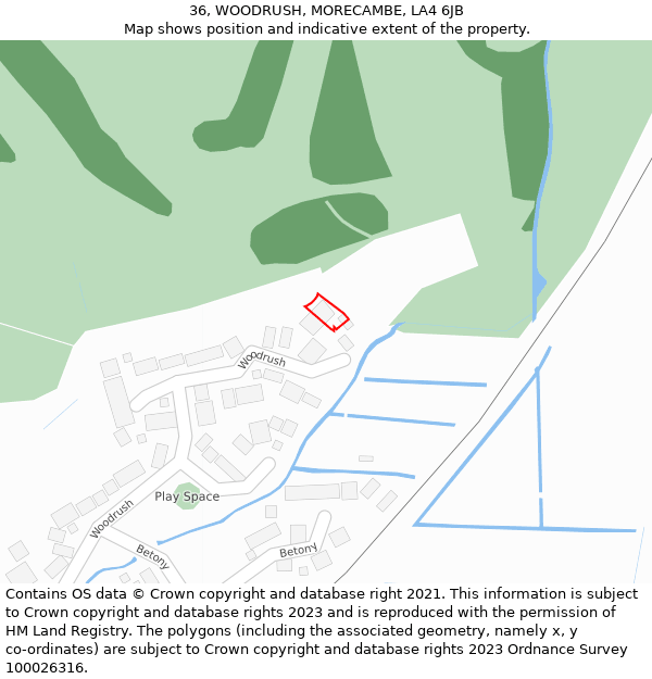 36, WOODRUSH, MORECAMBE, LA4 6JB: Location map and indicative extent of plot