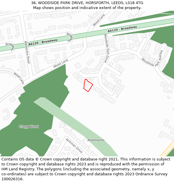 36, WOODSIDE PARK DRIVE, HORSFORTH, LEEDS, LS18 4TG: Location map and indicative extent of plot
