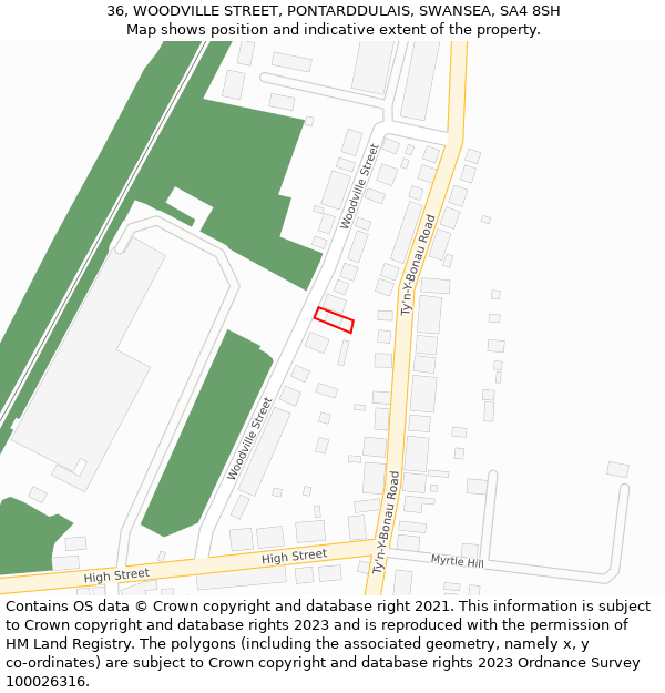 36, WOODVILLE STREET, PONTARDDULAIS, SWANSEA, SA4 8SH: Location map and indicative extent of plot
