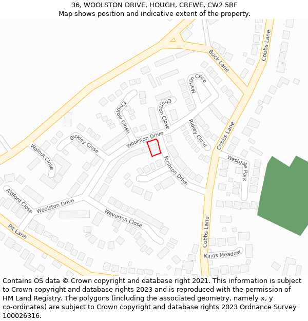 36, WOOLSTON DRIVE, HOUGH, CREWE, CW2 5RF: Location map and indicative extent of plot