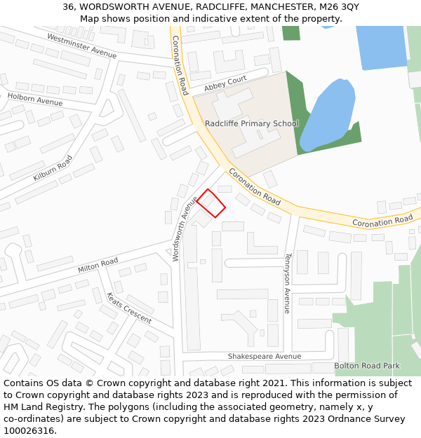 36, WORDSWORTH AVENUE, RADCLIFFE, MANCHESTER, M26 3QY: Location map and indicative extent of plot