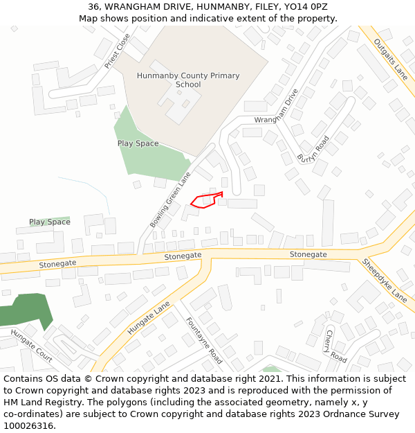 36, WRANGHAM DRIVE, HUNMANBY, FILEY, YO14 0PZ: Location map and indicative extent of plot