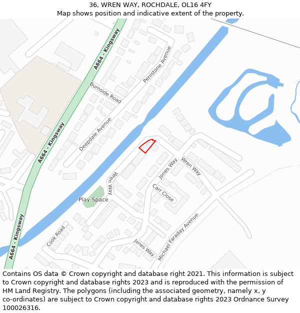 36, WREN WAY, ROCHDALE, OL16 4FY: Location map and indicative extent of plot